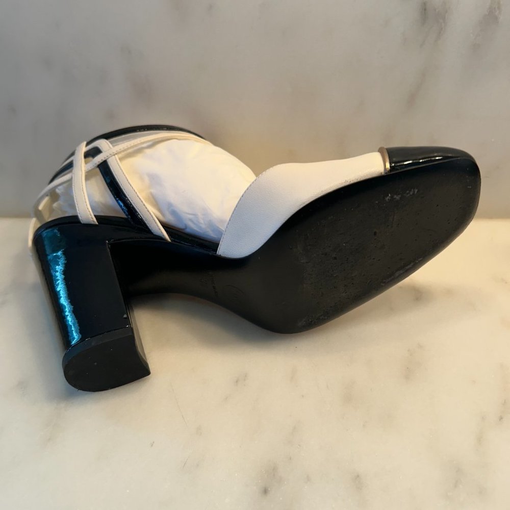 AUTH CHANEL Black White Ivory Leather Heels Pumps Straps Buckle Mary Jan… - Picture 5 of 11